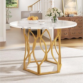 Okrągły stół jadalny - stelaż metalowy - okleina z wzorem marmuru - dla 4 osób - MDF - Biały & Złoty