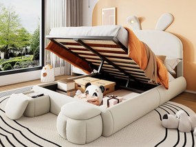 Łóżko dziecięce 140x200 cm tapicerowane welurem - uszy królika z regulowanym LED - z 2 taboretami do przechowywania - Beżowe