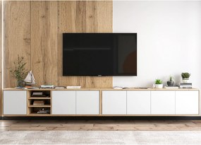 Szafka RTV z 7 drzwiami i 1 wnęką – korpus dąb wotan, fronty biały mat – 300 cm