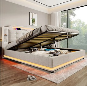 Łóżko ze schowkiem 140x200 cm Łóżko dla dorosłych z diodami LED i USB, tapicerowany zagłówek – beżowy len (bez materaca)