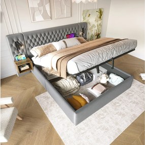 Łóżko hydrauliczne ze schowkiem - 160 x 200 cm - z 2 szafkami nocnymi + lampką przy zagłówku - welur - szare