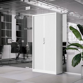 Metalowa szafa biurowa na akta z roletą DAMIAN, 900 x 1850 x 450 mm, biała