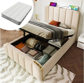 Łóżko tapicerowane jednoosobowe - 90 x 200 cm - z zagłówkiem + USB + schowek hydrauliczny - len - beżowe (z materacem)