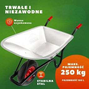 Taczka ogrodowa ocynkowana BARRY, max. pojemność 100l/250kg, srebrna/czarna Gardebruk