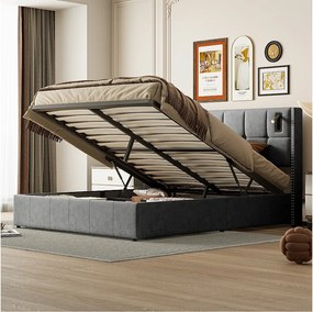 Łóżko z pojemnikiem 160x200 cm z podstawą, Łóżko tapicerowane z portem USB i Type-C, LED, Aksamit, Szare