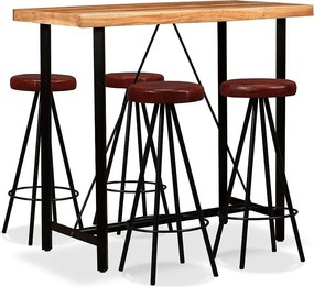 Zestaw Barowy Industrialny 5 szt. z Litego Drewna Akacjowego & Prawdziwej Skóry, Stół 120x60x107 cm + 4 Stołki Brązowe