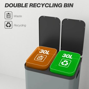 HOMCOM Śmietnik z podwójną komorą, 2 x 30L, odporny na odciski palców, pedał, wyjmowane wewnętrzne kosze, Szary