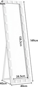 HOMCOM Lustro całopostaci 150x40 cm Lustro LED z 24 żarówkami 3 barwy światła, wolnostojące, do oparcia lub montażu na ścianie Biały | Aosom PL