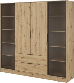 Szafa czterodrzwiowa 200 cm Kalma 4DRD z szybami, dwie szuflady - nowoczesna szafa otwierana - dąb Artisan