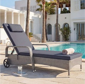 Leżak z polirattanowy Cesena,  szary, poduszka ciemnoszara