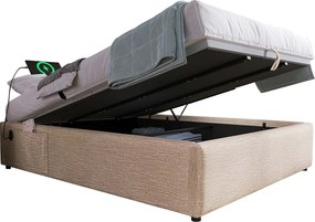 Łóżko z pojemnikiem 160 x 200 cm - Łóżko dziecięce z portem USB i kieszenią do przechowywania - beżowy len - bez materaca