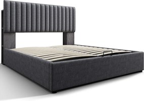 Łóżko 160 x 200 cm z pojemnikiem, 4 szufladami i gniazdem USB C - regulowany zagłówek - Szare + Materac