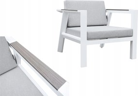 Zestaw mebli ogrodowych biały aluminium sofa fotele stolik drewniane detale