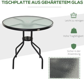 Outsunny® stół ogrodowy balkonowy bistro meble ogrodowe otwór na parasol szkło hartowane + metal czarny ø80 x 72 cm