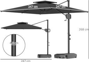 Outsunny Parasol boczny 247 x 247 cm regulowany z podwójnym dachem, korbą i podstawą, wodoodporny, ciemnoszary | Aosom PL