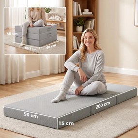 HOMCOM Materac składany 200 x 90 cm, 15 cm, składany materac, przenośny materac podłogowy z pralnym pokrowcem, certyfikat Oeko-Tex | Aosom PL