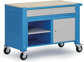 Mobilny stół warsztatowy G9, 1 półka, 1 szafka, 2 szuflady, 1180 x 595 x 865-1130 mm, szary/niebieski