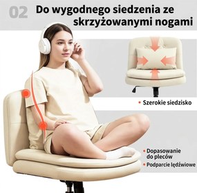 HOMCOM Fotel biurowy bez podłokietników z pokryciem ze sztucznej skóry, fotel biurowy z kółkami, dodatkowa poduszka, regulowany, obrotowy, beżowy