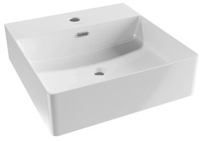 Umywalka nablatowa / wisząca kwadratowa biała z otworem i z półką na mydło 42 x 42 cm SANYA z cienkim rantem typu Slim