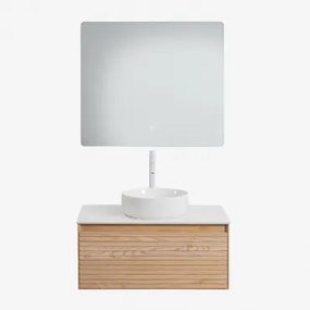 Zestaw Wiszących Mebli Łazienkowych Z Drewna Jesionowego Tedrik Popielaty Brąz & Okrągły Ceramiczny - Sklum