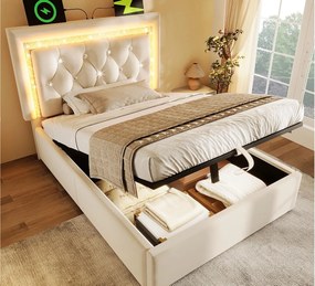Łóżko tapicerowane ze schowkiem 90x200cm z weluru - z oświetleniem LED - z portami USB i Type-C - z stelażem lamelowym - Beżowy (bez materaca)