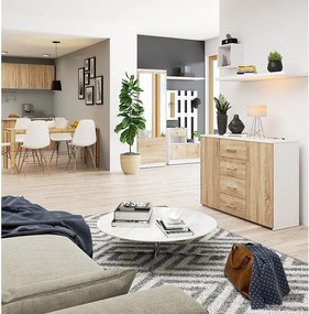Komoda AKORD K45 Biała 110 cm 2 drzwi 4 szuflady kolor Dąb Sonoma mat 4 półki 110x35x80 cm
