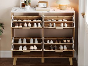 Szafa na buty 4 drzwi 105x24x95,5 cm - wygląd drewna - blat w stylu marmuru - MDF - Naturalny