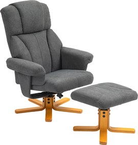 HOMCOM Regulowany fotel z pufą z wysokim oparciem i drewnianą ramą do salonu, sypialni, Ciemnoszary