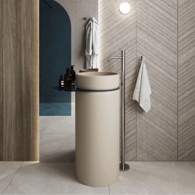 Umywalka z konglomeratu wolnostojąca okrągła z półką szklaną 85 x 40 cm RONA bez przelewu | Różne kolory półki : Kolor szkła - Niebieski, Kolor umywalki RONA - Beż połysk, Półka - Szklana