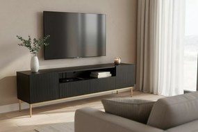 Szafka RTV Nicole 200 cm z wnęką i szufladami - czarny mat / złote nóżki