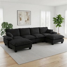 4-osobowa sofa modułowa w kształcie U z ruchomymi pufami, z czarnej tkaniny szenilowej