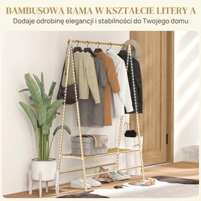 HOMCOM Wieszak na Ubrania z Bambusa z Półką na Buty i Hakami, Wolnostojący, do Przedpokoju, Sypialni, Drewno Naturalne