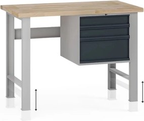 Stół warsztatowy z regulacją wysokości G7, blat bukowy, 1200 x 685 x 840-1040 mm, 1x kontener, 3x szuflada, grafitowy