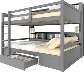Łóżko piętrowe dwuosobowe z szufladą i regałami na książki - 90 x 200 cm - drewno sosnowe i płyta MDF - w zestawie stelaż z listew - kolor szary