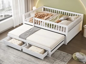 Sofa z łóżkiem z litego drewna 140×200 cm - z łóżkiem wysuwanym - 2 szuflady - z ogrodzeniem zabezpieczającym - białe (materac nie jest zawarty)