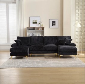 Sofa w kształcie litery U, czarny szenil, tapicerowana sofa z poduszkami i 2 poduszkami dekoracyjnymi, odpowiednia do salonu i sypialni