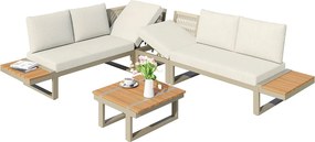 Zestaw mebli ogrodowych 5-osobowy - rozkładany do 2 miejsc do spania - ze stołem i półkami - metalowy - beżowy