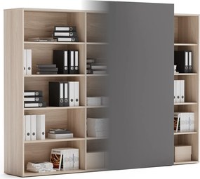 Regał biurowy z przesuwnym panelem BLOCK, 2390 x 400 x 1748, Dąb naturalny / grafitowy