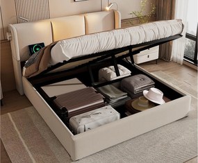 Łóżko 160x200cm z lnu - z lampkami do czytania i portami ładowania USB - z stelażem na listwy - Beżowe