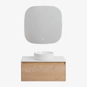 Zestaw Mebli Łazienkowych Z Drewna Jesionowego Tedrik Popielaty Brąz & Okrągły Ceramiczny Biały Ø40 Cm Lenka - Sklum