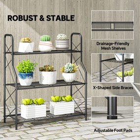Outsunny 3-poziomowy stojak na rośliny, 78 cm wysoki stojak na kwiaty z uchwytami, metalowy regał na rośliny, czarny | Aosom PL
