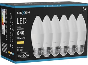 Mexen Nova 6x żarówka LED E27, C37, 8W, Ciepła - 3000K, 840 lm - L102-E27-0830-01x06
