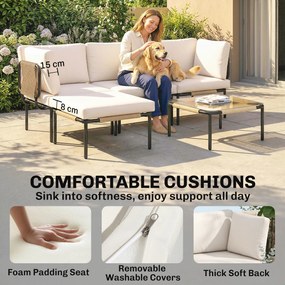 Outsunny Zestaw mebli z polirattanu 5-częściowy, 3 fotele, stolik ze szkła, podnóżek, szerokie i głębokie siedziska, zdejmowane poduszki | Aosom PL