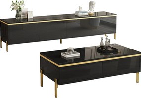 Nowoczesny, luksusowy zestaw składający się z szafki RTV i stolika kawowego - błyszcząca powierzchnia - z miejscem do przechowywania - płyta wiórowa - czarny