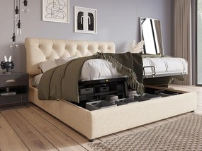 Łóżko z tapicerowanym zagłówkiem z lnu - 160x200cm - z stelażem na listwy - Jasne naturalne