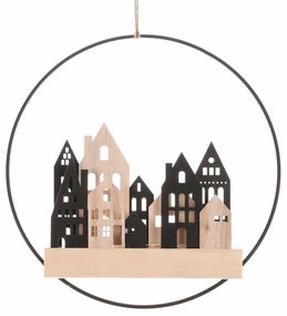 Zawieszana dekoracja LED Domki w kręgu czarne,średnica 28 cm