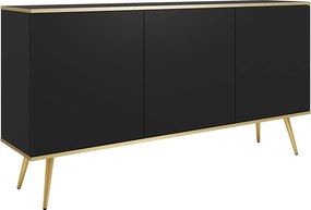 Komoda ORO K-160 nowoczesna 160 cm szeroka, czarna, 2 drzwi, 2 szuflady, Push-to-Open, złote metalowe nogi 23 cm, laminat 16 mm