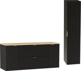 Czarny Zestaw do Łazienki 140cm Szafka Blat Orzech Słupek Ryflowane Fronty
