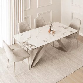 Zestaw stół Twig rozkładany ceramiczny 160-240 biały marmur kaszmir + 4 krzesła Sligo kremowe