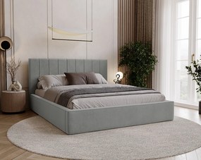 BESILIO Stylowe łóżko tapicerowane 160x200 Persea - stelaż metalowy, pojemnik na pościel, ozdobna lamówka - Szary